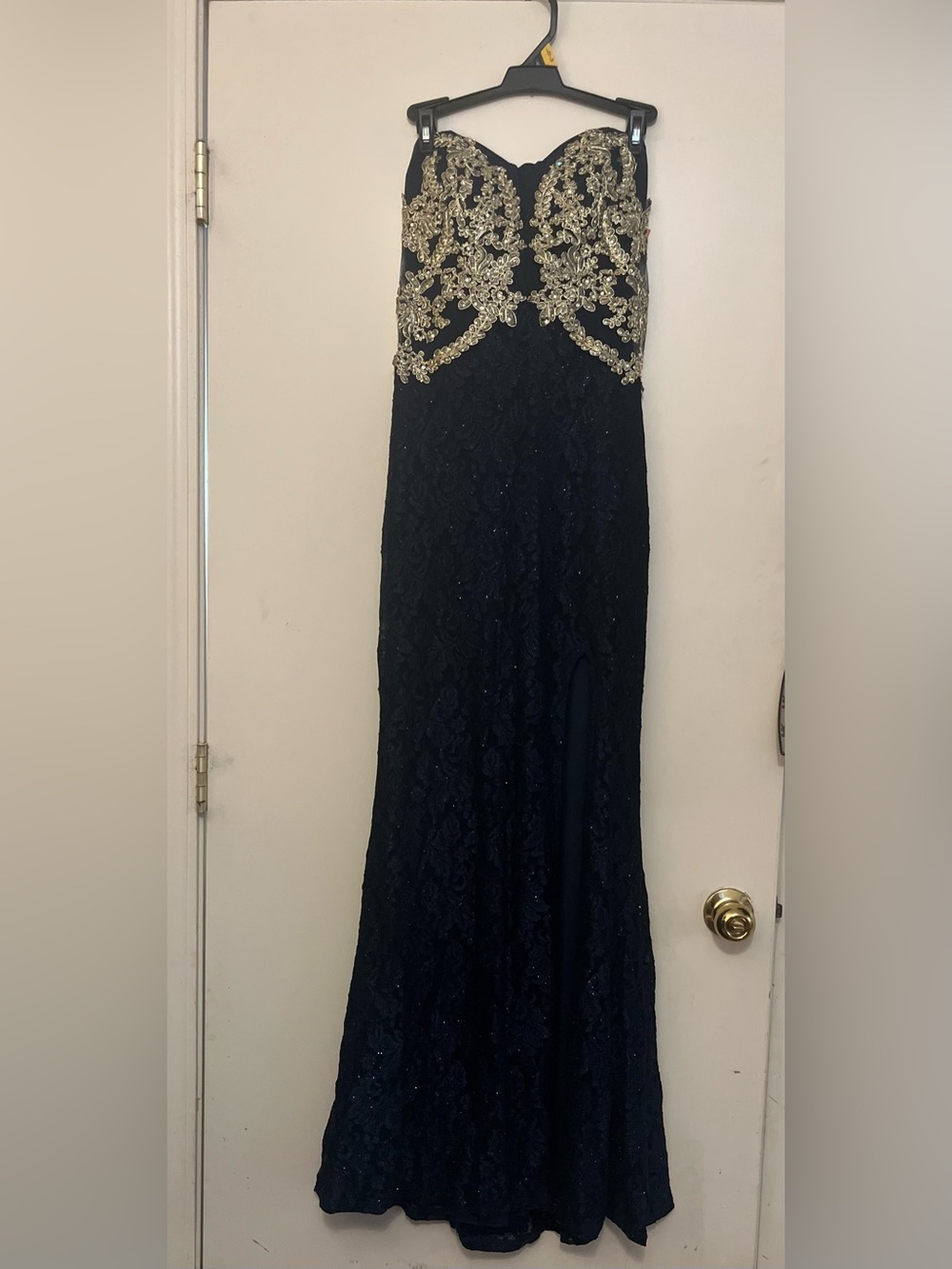 Jodi Kristopher Navy Blue Gown with Gold Beaded Bodice